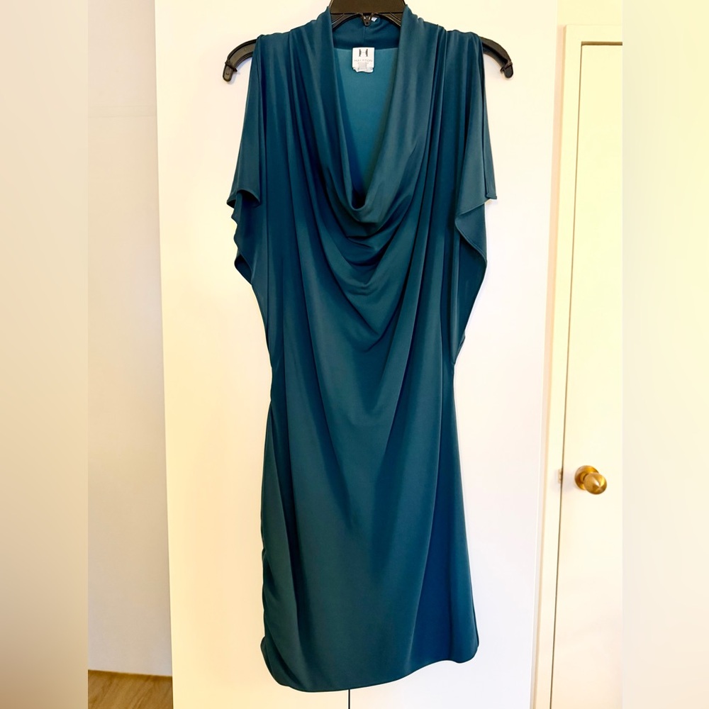 Halston Heritage Teal Draped Cowl Neck Ruched Cocktail Dress XS/2